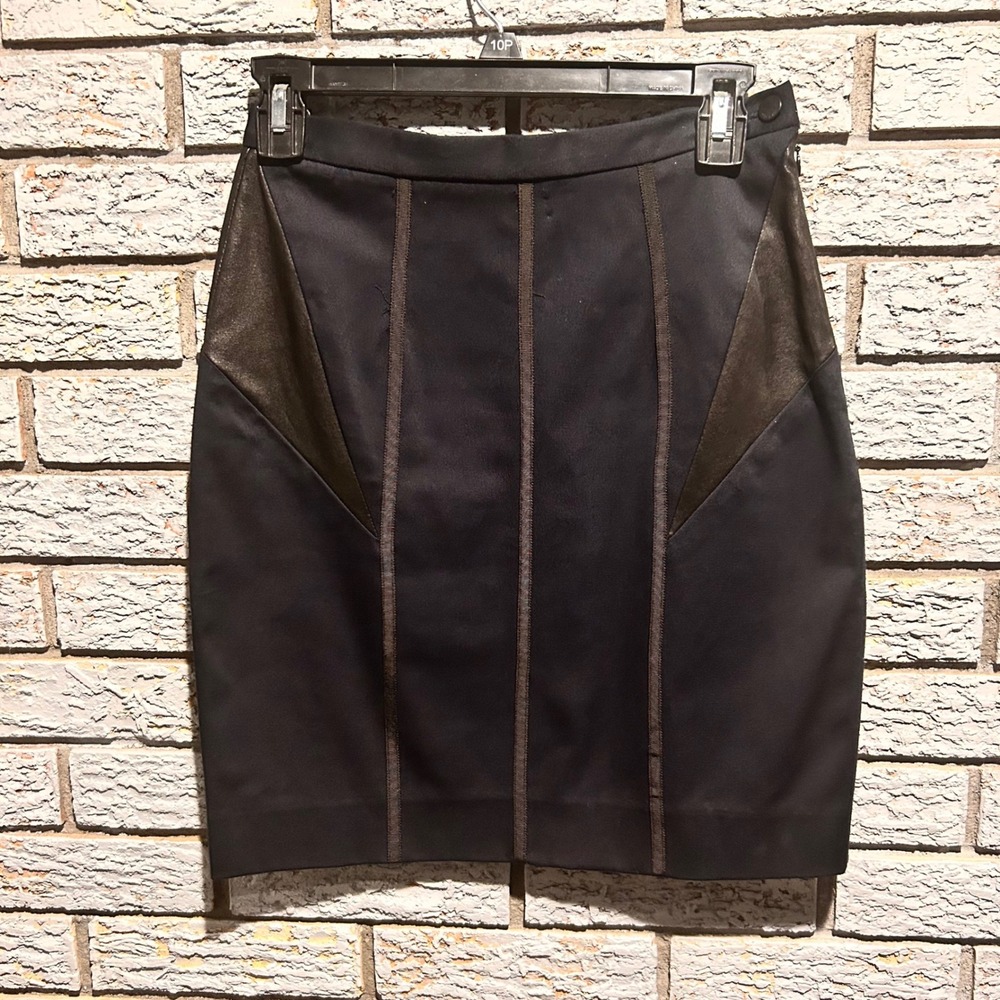 Rag & Bone Black/ Navy Mixed Media Mini Skirt Faux Leather Trim Size 26
